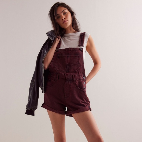We The Free Pants - Free People We The Free Ziggy Shortalls short overalls denim cherry red M NEW
